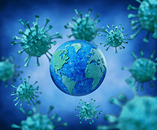 Image of Corona virus circling the globe. 